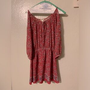 Forever 21 Red & White Paisley Print Cold Shoulder 3/4 Sleeve Mini Dress Sz M